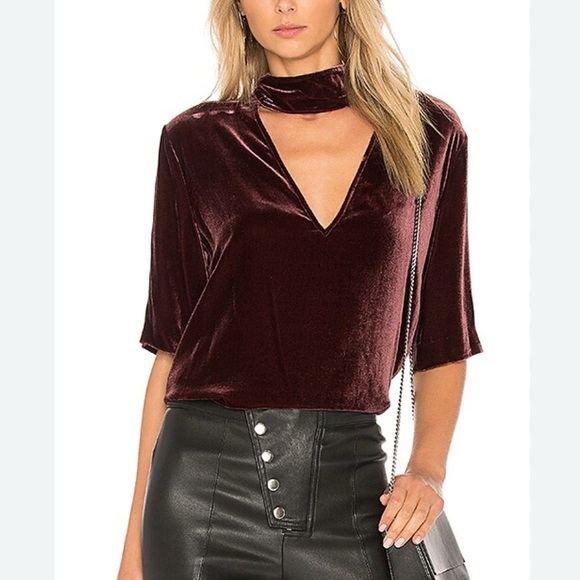Theory x Revolve Slit Collar Deep V Neck Velvet Burgundy Luxe Top Medium 612 - Picture 1 of 5